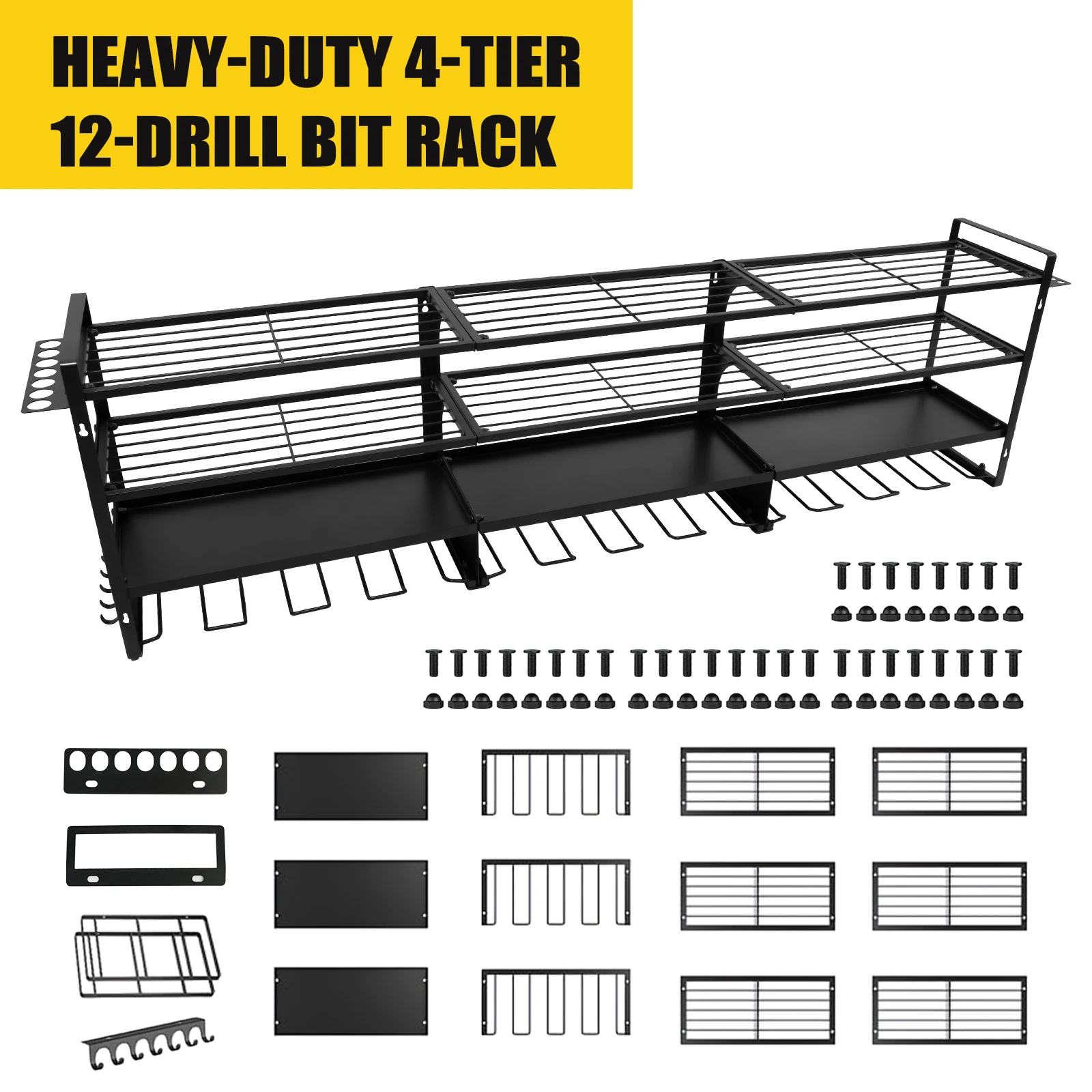 Heavy-Duty 4-Tier 12-Drill Bit Rack, Large Metal Tool Storage Organizer Garage and Workbench Tool Storage Shelf, 600 lb Capacit