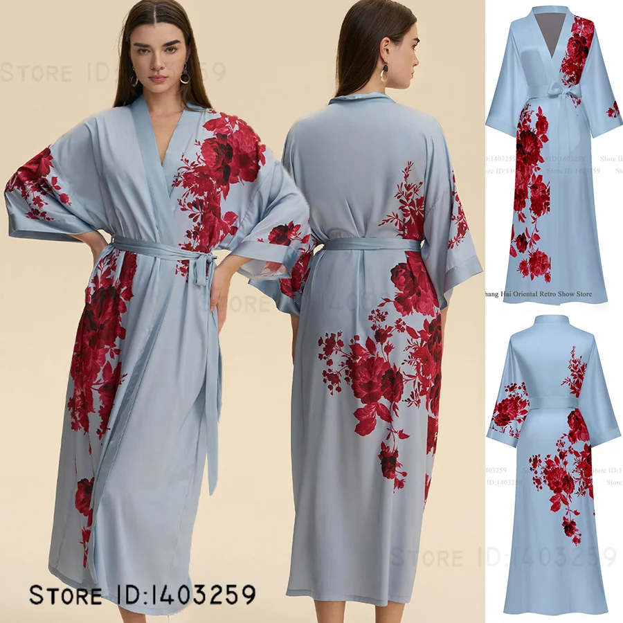 プラスサイズプリント花柄ロングバスローブ着物ガウンセクシーなウェディングローブドレスネグリジェエレガントなシルキーサテン女性のパジャマホームウェア