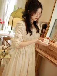 AIGYPTOS Spring Summer Long Dress Women Vintage Elegant Slim Embroidery Floral Midi Dress Korean Sexy Hollow Out Princess Dress