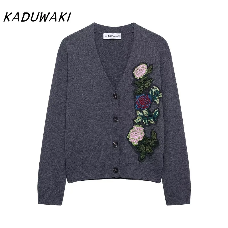 

KADUWAKI Korean Version Women's Flower Embroidery V-neck Long Sleeved Casual Knitted Cardigan Loose and Versatile Knitted Jacket