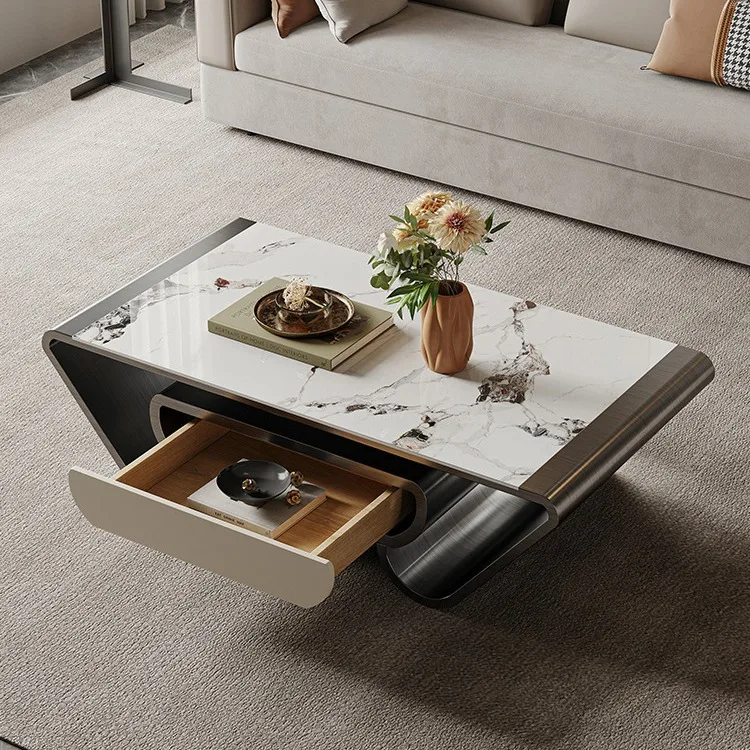 

Light luxury slate living room, coffee table, small apartment, Italian modern stainless steel, creative reception tea table