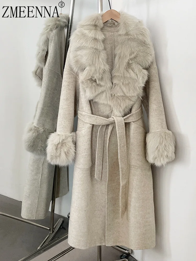 

ZMEENNA Long Cashmere Coat For Women With Faux Fur Collar And Cuffs Elegant Winter Outerwear Tie Belt Stylish Warm ZM4041