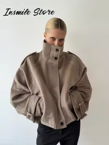 Chic Stand Collar Short Woolen Coats Women Solid Zipper Single Breasted Full Sleeve Pockets Jacket 2025 Autumn Lady Outwear New