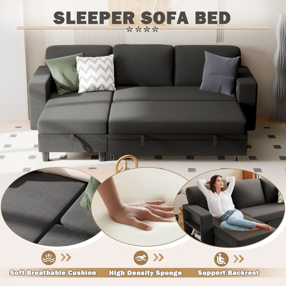 Sleeper Sofa Bed, L Shaped Sectional Convertible Couch with Storage Chaise, USB Charging Ports & 2 Built-in Bookshelves