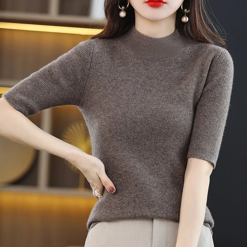 Mới Nửa Cao Cổ Cashmere Áo Len Nữ Áo Thun Cổ Tay Ngắn Áo Len Ngắn Tay Nữ