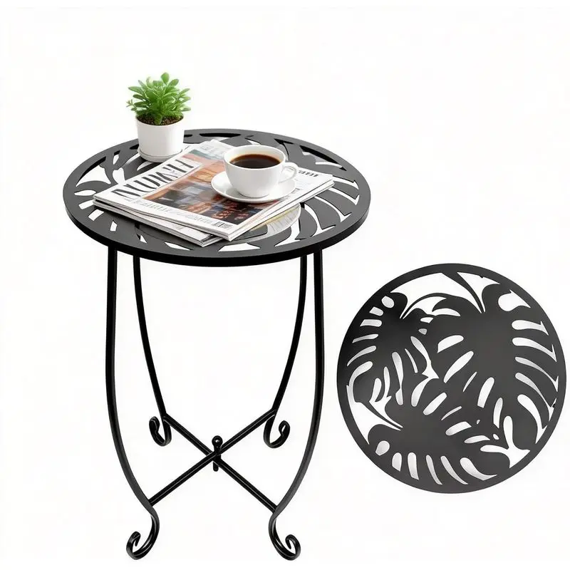 15Inch Outdoor Metal Side Table, Tool-Free Installation, Monstera Design, Space-Saving, Round Stand for Balcony and Garden Use