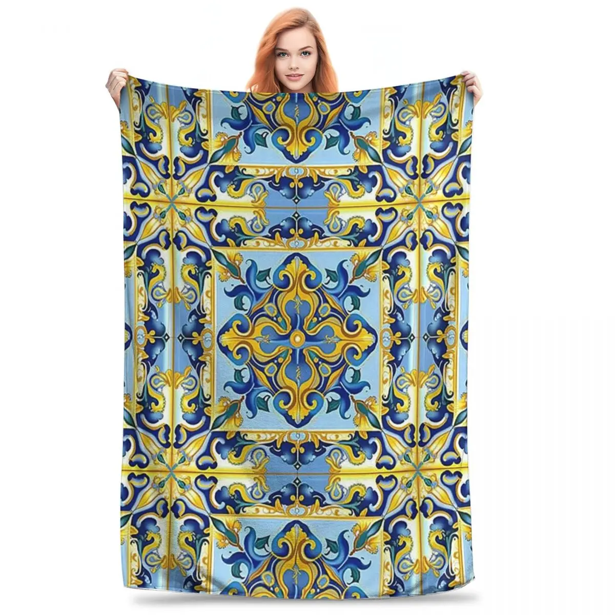 

Italian Majolica Tiles Blue And Gold Blanket Fleece Throw Blankets Sofa Throw Blanket For Couch Bedding Throws Bedspread Quilt