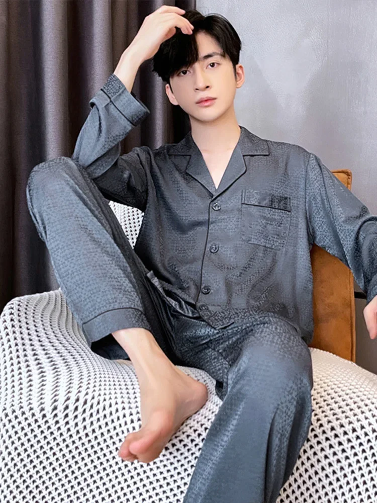 New Geometric Printed Pajama Set for Men's Loose 100%  Silk Solid Color Home Clothes Thin Long Sleeve