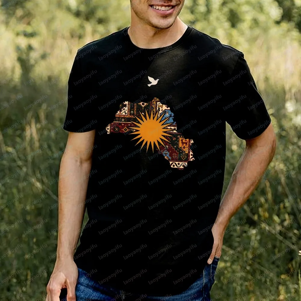Summer Kurdish Men's Patterned T-Shirt Kurdistan Map with Sun and Dove Print T-Shirt Traditional Pattern Casual Streetwear Top