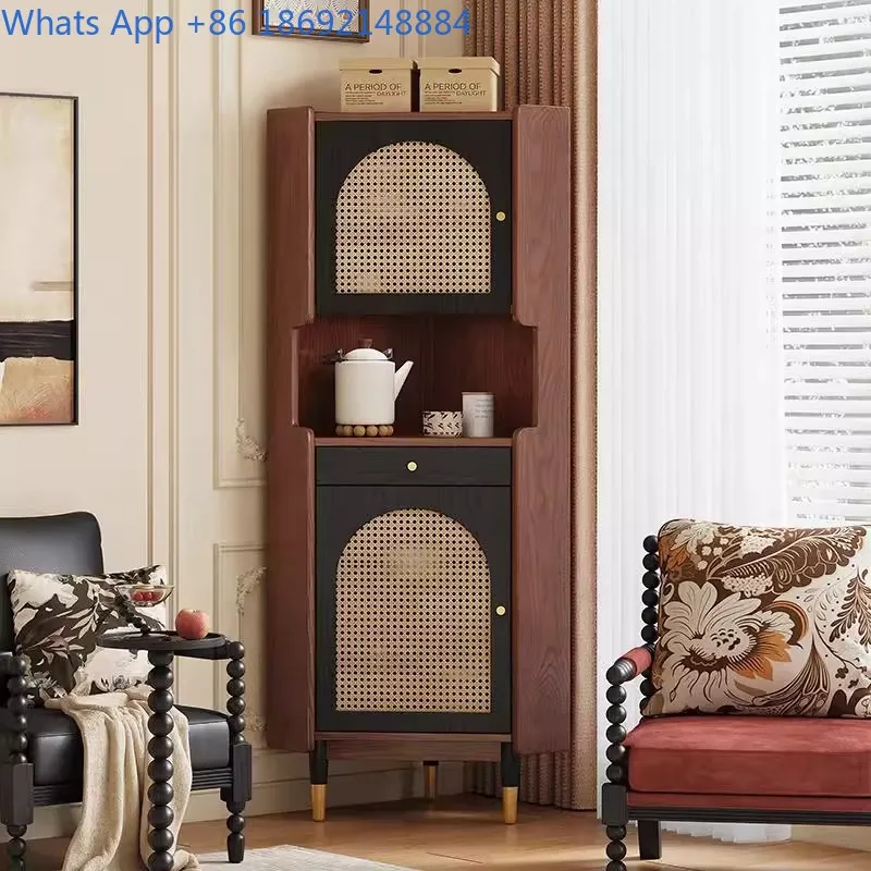 Solid Wood Wicker Corner Cabinet for Living Room Small Space Storage Rustic American Style Display Cupboard Space Saving
