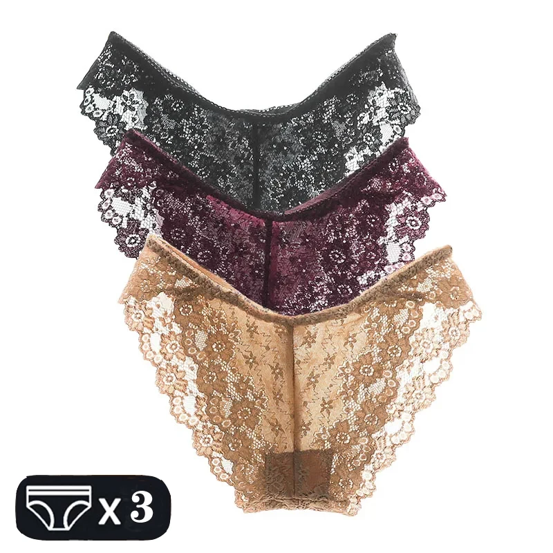 

M-XXL Women Panties 3Pcs/lot Sexy Lace Plus Size Underwear Panty Ladies Transparent Low-Rise Cotton Briefs Intimates Underpants