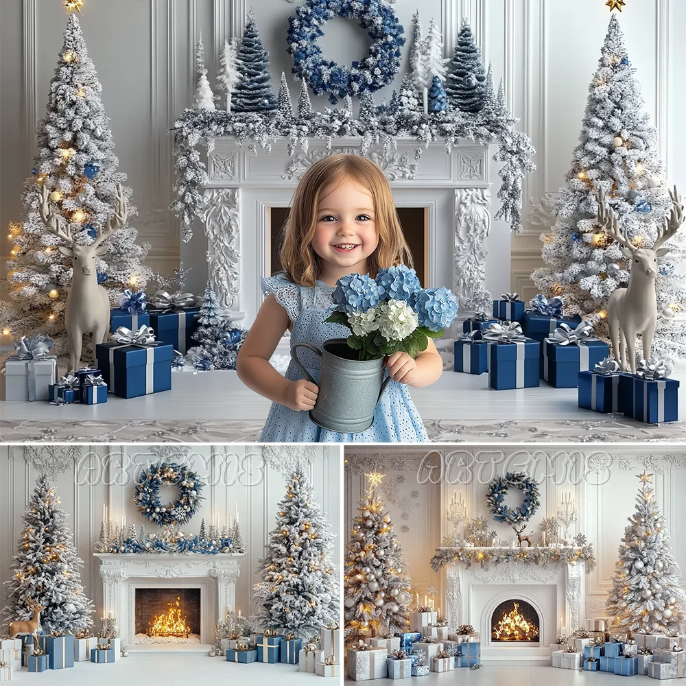 Christmas Backdrop Fireplace Christmas Trees Wreaths Blue Gift Boxes Deer Figurines Decoration Background Photo Studio Photocall