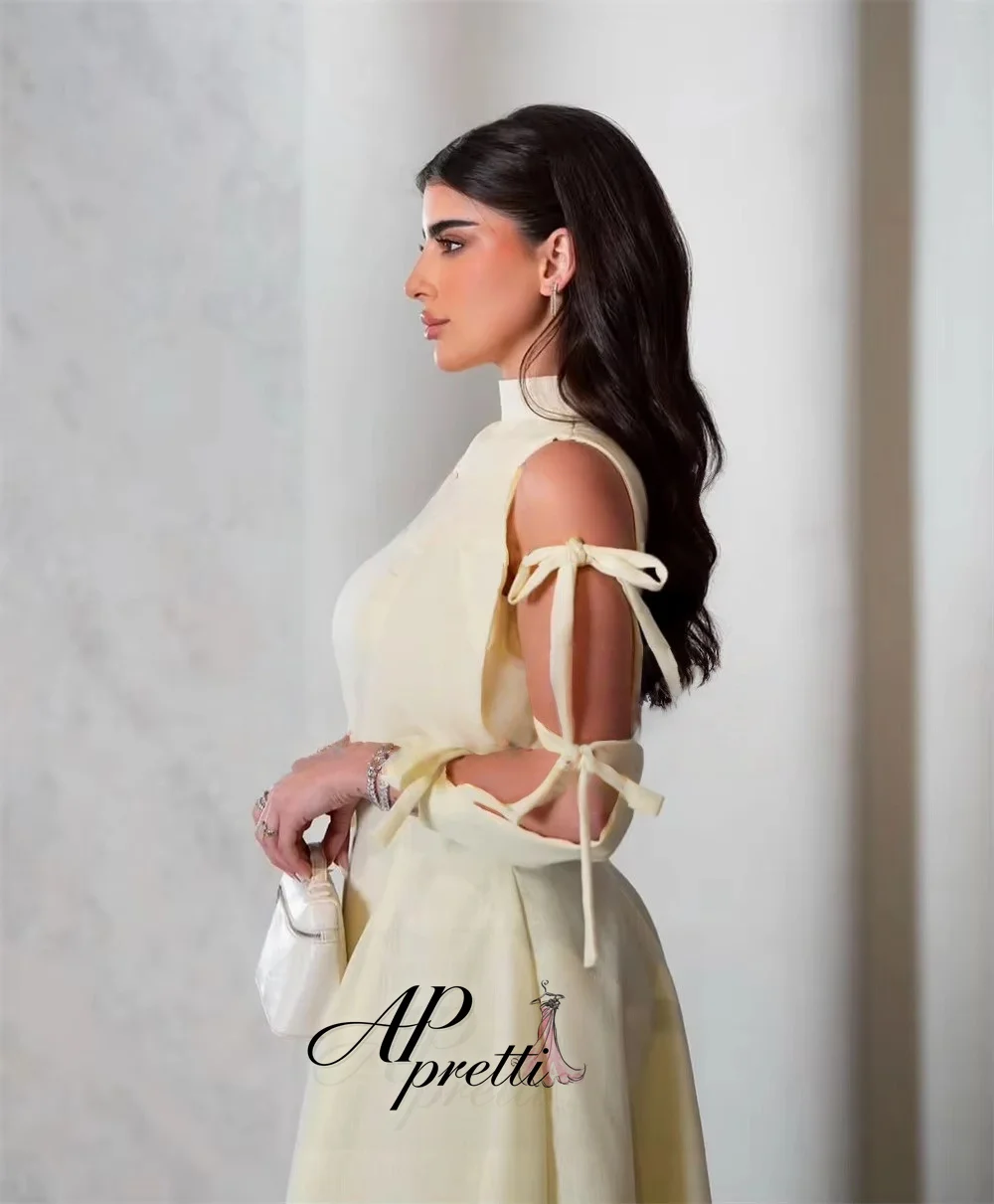 AP pretti Elegant Pale Yellow High Neck Cut Out Evening Gown Dress A-line Bow Customized 2026 Party Gown vestido de noche