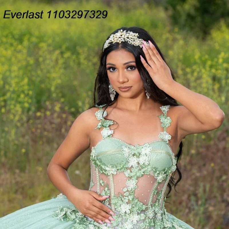 EVLAST Customized Mexico Sage Green Quinceanera Dress Ball Gown 3D Floral Applique Beading Sweet 15 Vestido De 15 Anos TQD583