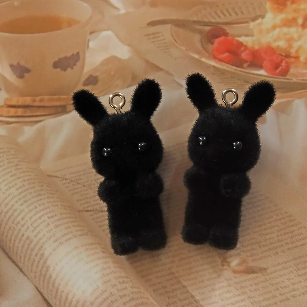 30Pcs 3D Bulk Wholesale Black Mini Rabbit Charms Lots Sale Cute Fluffy Animal Pendant For Keychain Necklace Diy Jewelry Make