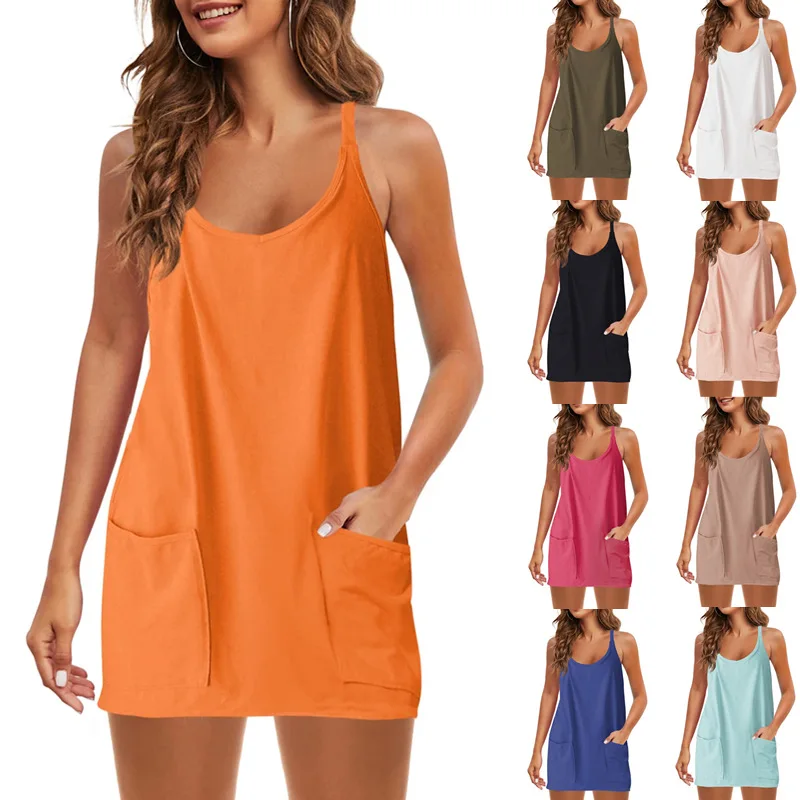 

Summer Women's Solid Color Sleeveless Suspender Dress Fashion Round Neck Pocket Mini Dress Leisure Sports Beach Sundress