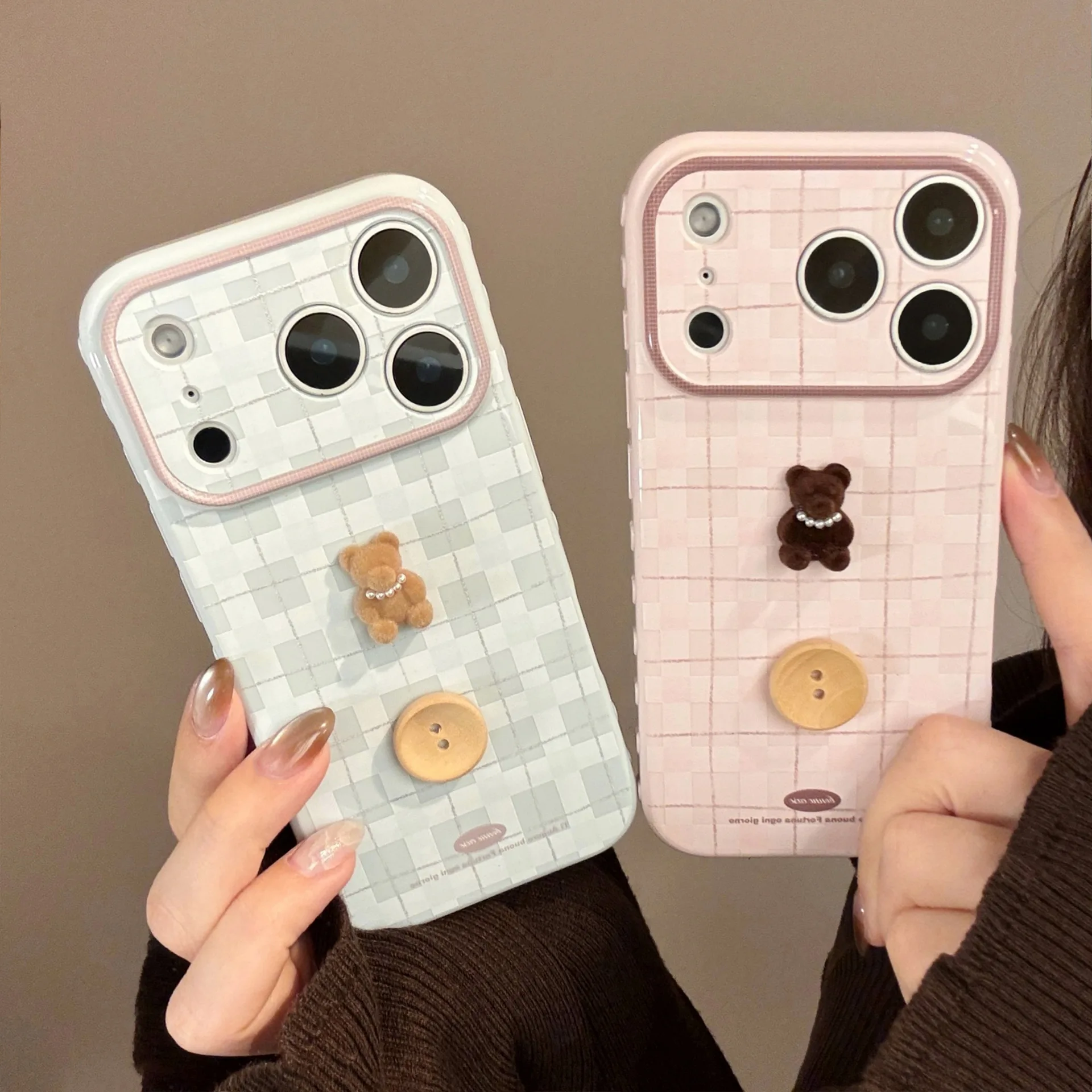 Korean Plaid 3D Cartoon Pearl Bear Button Phone Case With Bracelet For iPhone 17 16 15 14 13 11 12 Pro Max Shockproof Soft Cover view 6