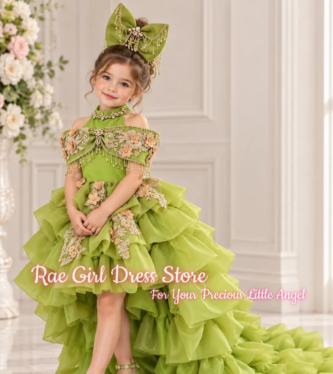 Flower Girl Dress For Wedding Birthday Pageant Formal Gowns A Line Floor Length Puffy Tulle Halter Off Shoulder 3D Floral Ruffle