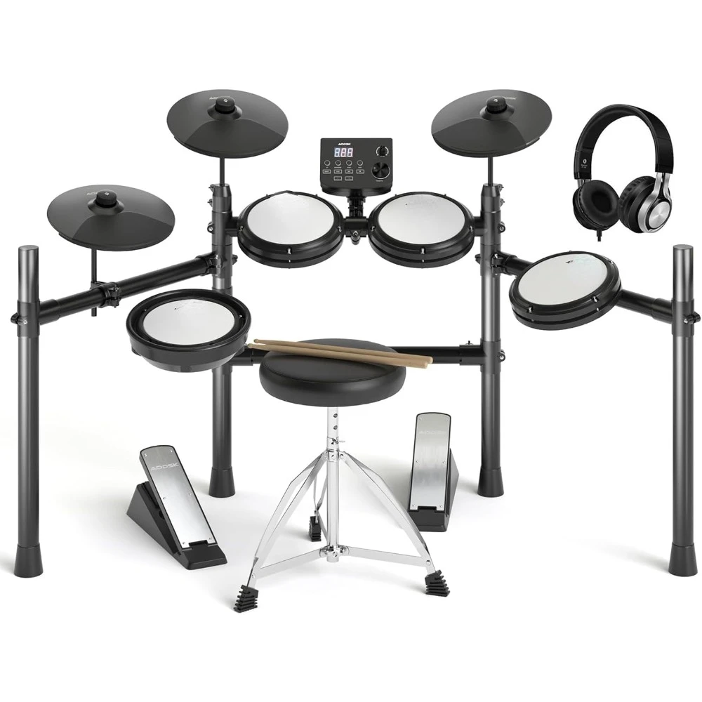 Electric Drum Set with Quiet Mesh Pads,Electronic Drum for Beginner,USB MIDI,Throne,Headphones,Sticks, Included 15 Kits