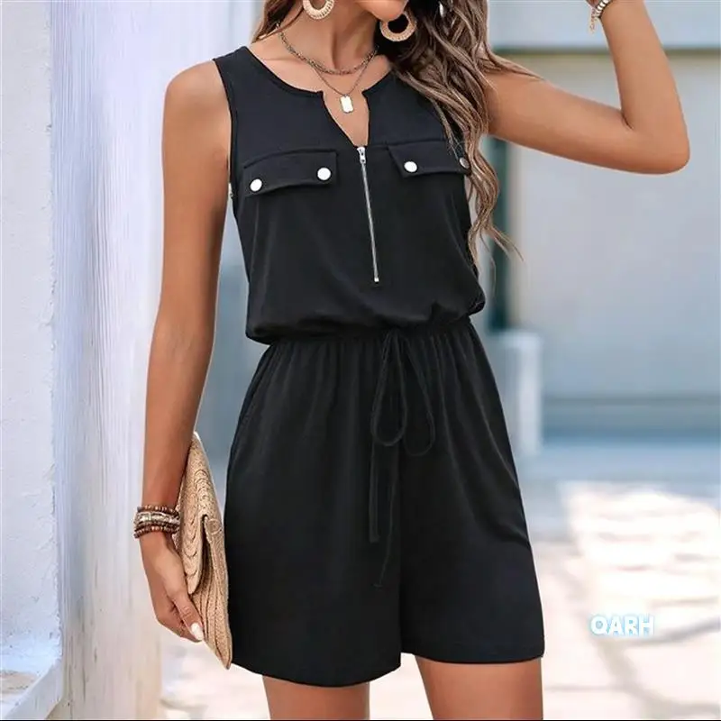 여성 여름 민소매 지퍼 포켓 캐주얼 반바지 점프수트
