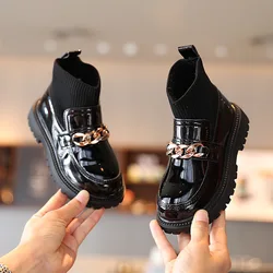 Girls Leather Boots Metal Chains Flying Woven Stitching Princess Boots Kids Leather Soft Sole Boots Children Socks Boots Fashion