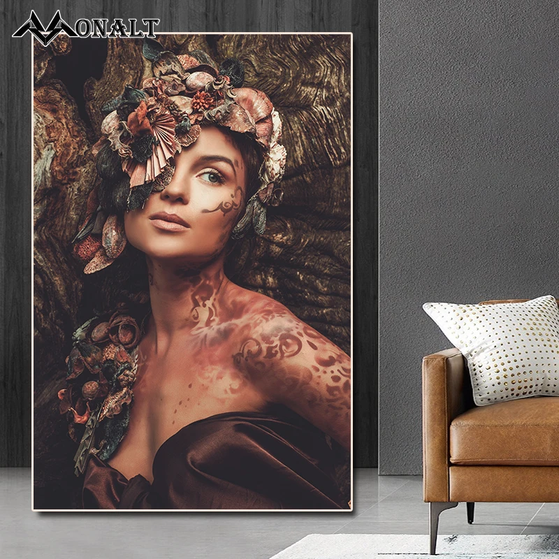 Nymph Woman In The Flowers Forest Nordic Tattoo Girl Portrait Canvas Scandinavian Painting Wall Art Poster and Prints Decoration