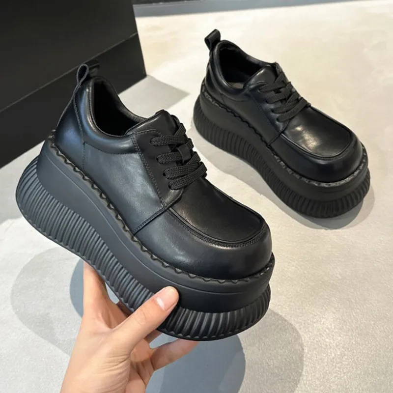 

2026 Women Chunky Sole Loafers 8.5cm Platform Wedge Sports Shoes Genuine Leather British Style Casual Height Increasing Shoes