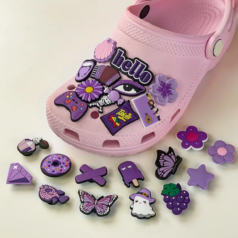 Purple Series PVC Shoe Charms Cute Flower Game Controller Ghost Shoe Decorations Accessories For Croc Clogs Kids Party Gift