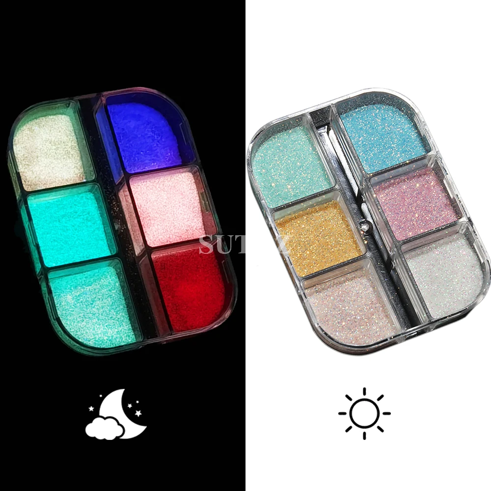 Glow In Dark Nail Glitter Poeder Lichtgevend Pigment Sparkle Suiker Zand Roze Blauw Wit Dompelen Poeder Manicure Decor Vlokken 6G-Syg