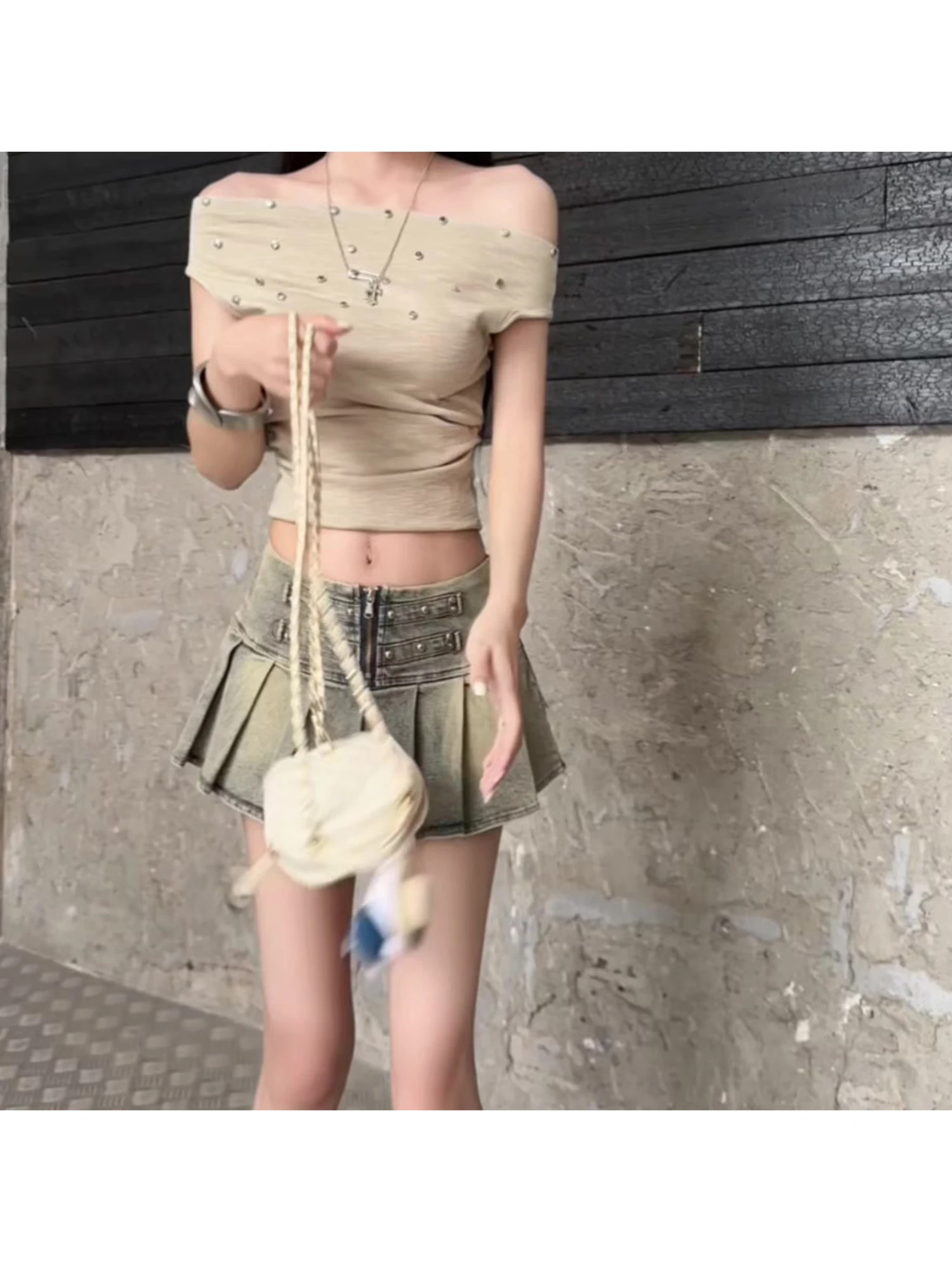 Women's Blue Pleated Denim Mini Skirt Y2K Gyaru Korean Style Vintage Harajuku High Waist Cowboy Skirt A-line Jean Skirt Summer
