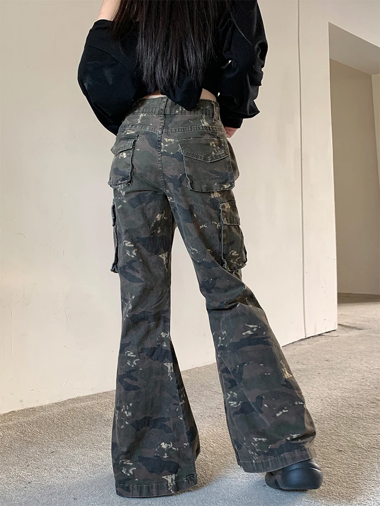 Mulheres camuflagem flare jeans gyaru japonês harajuku y2k baixo aumento denim calças de carga sino-bottom kpop shoujo punk maré