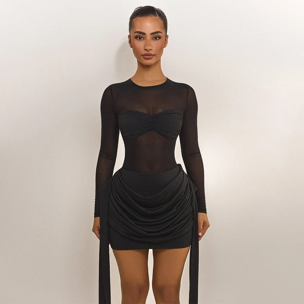 Solid color sheer tulle long-sleeve bodycon dress with ribbon detailing