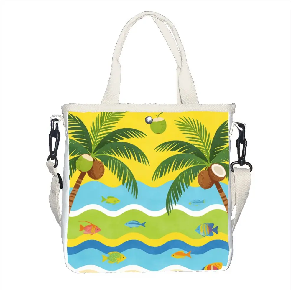 Cartoon Summer Beach Palm Tree Print Shoulder Bag Adjustable Strap Lightweight Tote