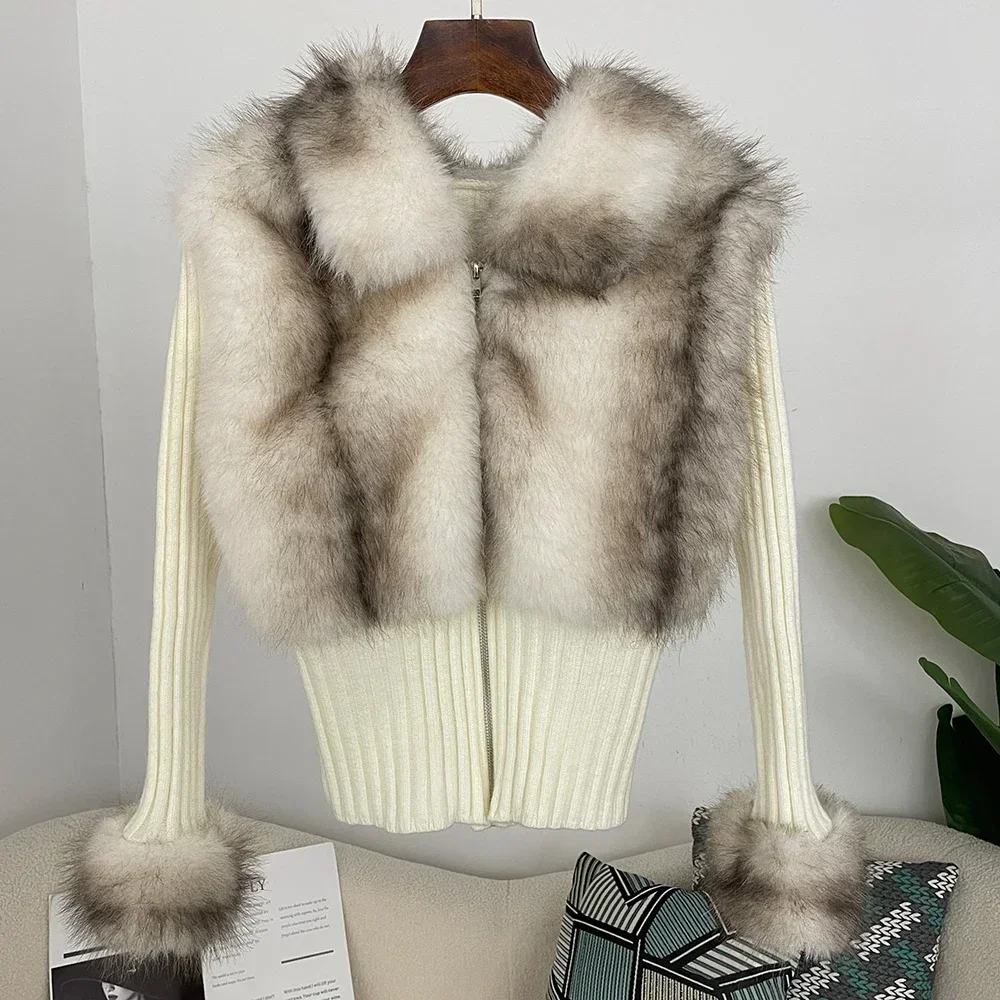

Fur Coat Eco-friendly Knitwear Women Faux Fur Collar Cuddly Designer Knitted Spring Faux Fur Patchwork Sweater Cardigan Vintage