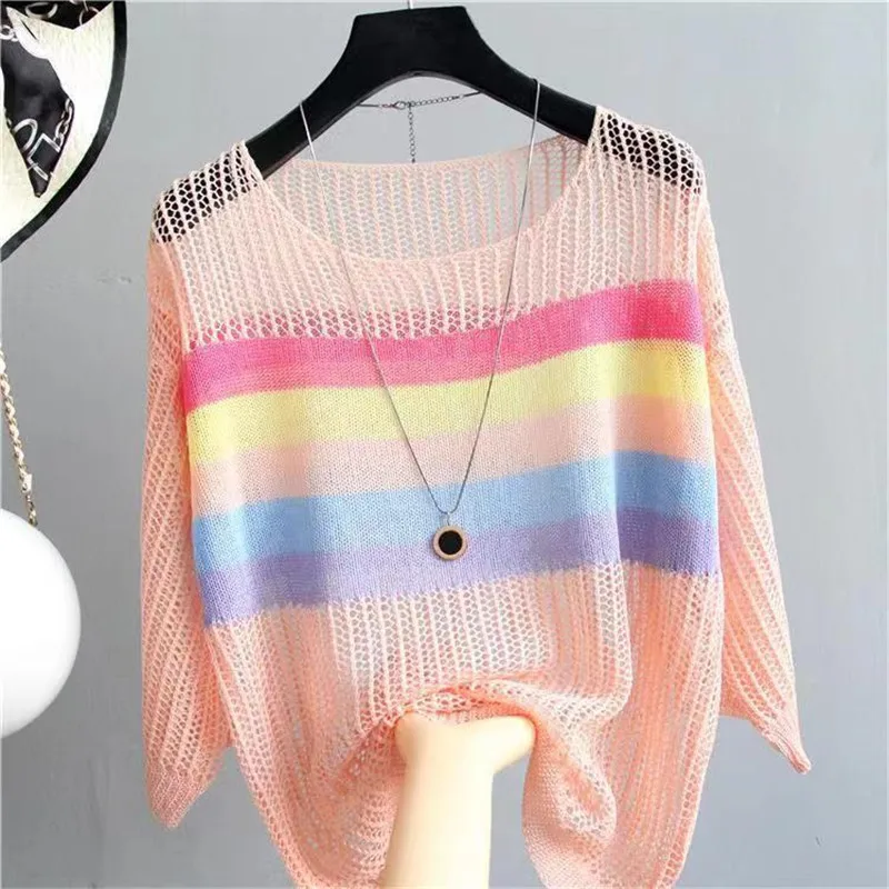 Korean Popular Clothes Short Sleeve Women T-Shirt Sexy Knitted Pullover Hollow Color Round 2024Summers Summer Vacation Women Top