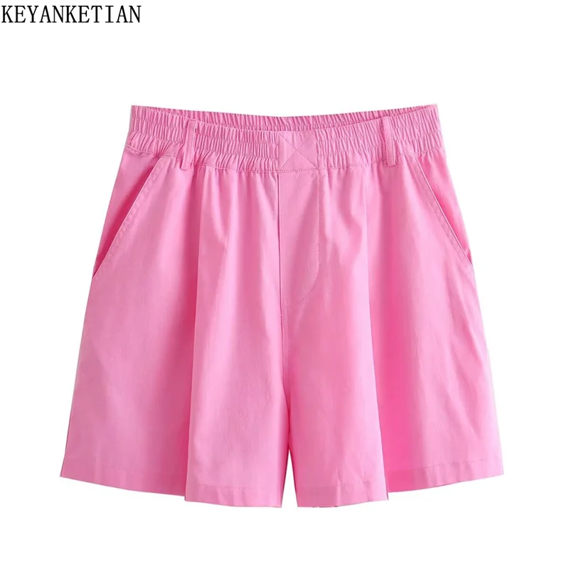 

KEYANKETIAN 2024 New Launch Women's Elastic Waist Straight-leg Shorts Summer Leisure style Pleated Decoration Loose Hot Shorts