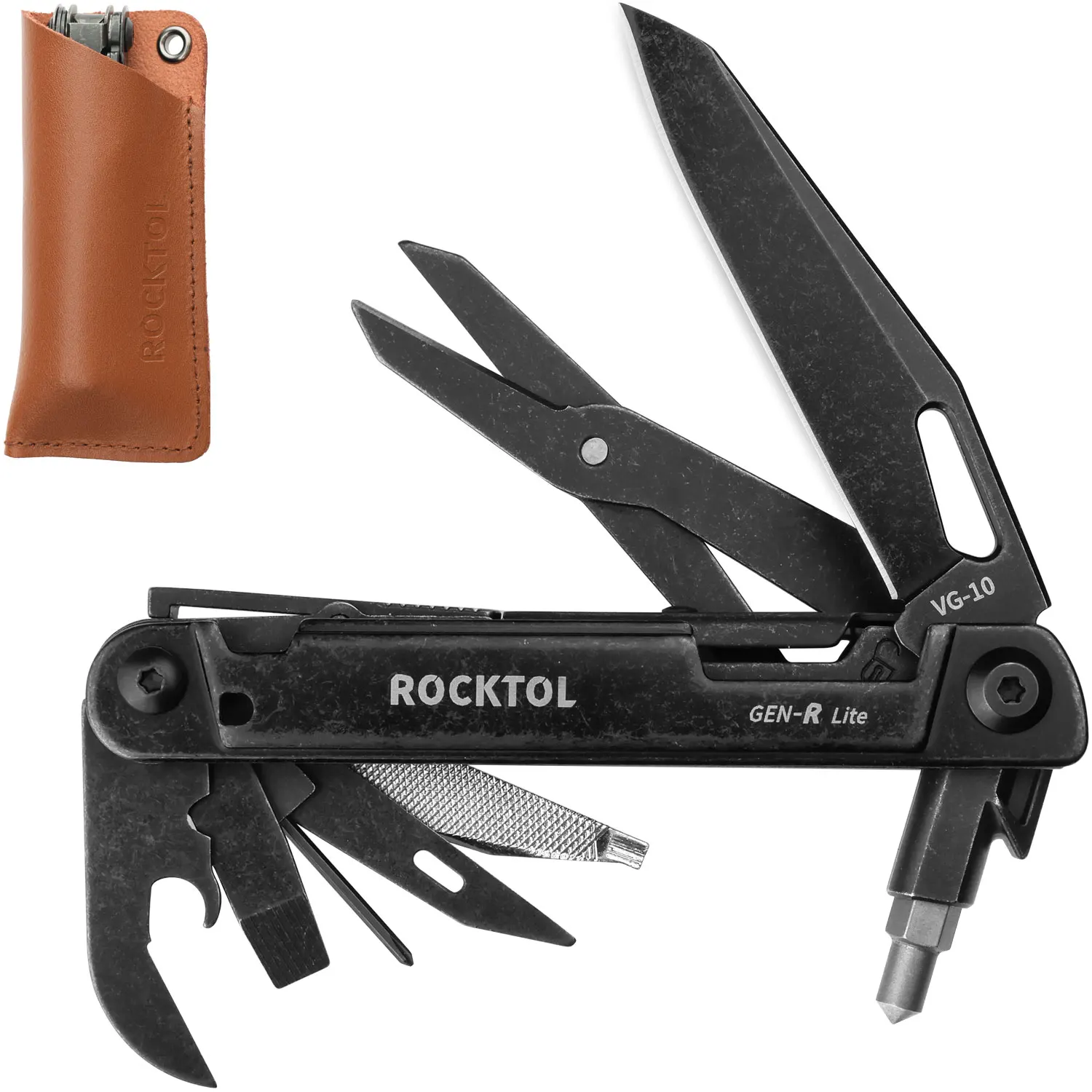 ROCKTOL Gen-R Lite, Retro Black EDC Pocket Knife VG10 Blade, 15-in-1 Multi-tool with Screwdrivers Scissors Glass Breaker