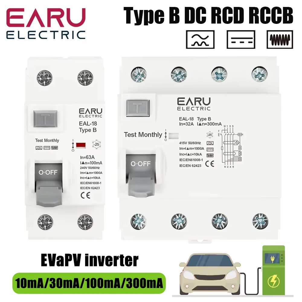 

2P 4P 10/30/100/300mA Electric Vehicle EV Charging Pile Residual Current Breaker DC RCCB RCD Type B 6KA Din Rail Earth Leakage