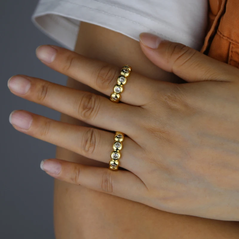 Geometric Gold Color Round Beaded Band Clear 5A Cubic Zirconia CZ Sparking Fashion Women Finger Rings