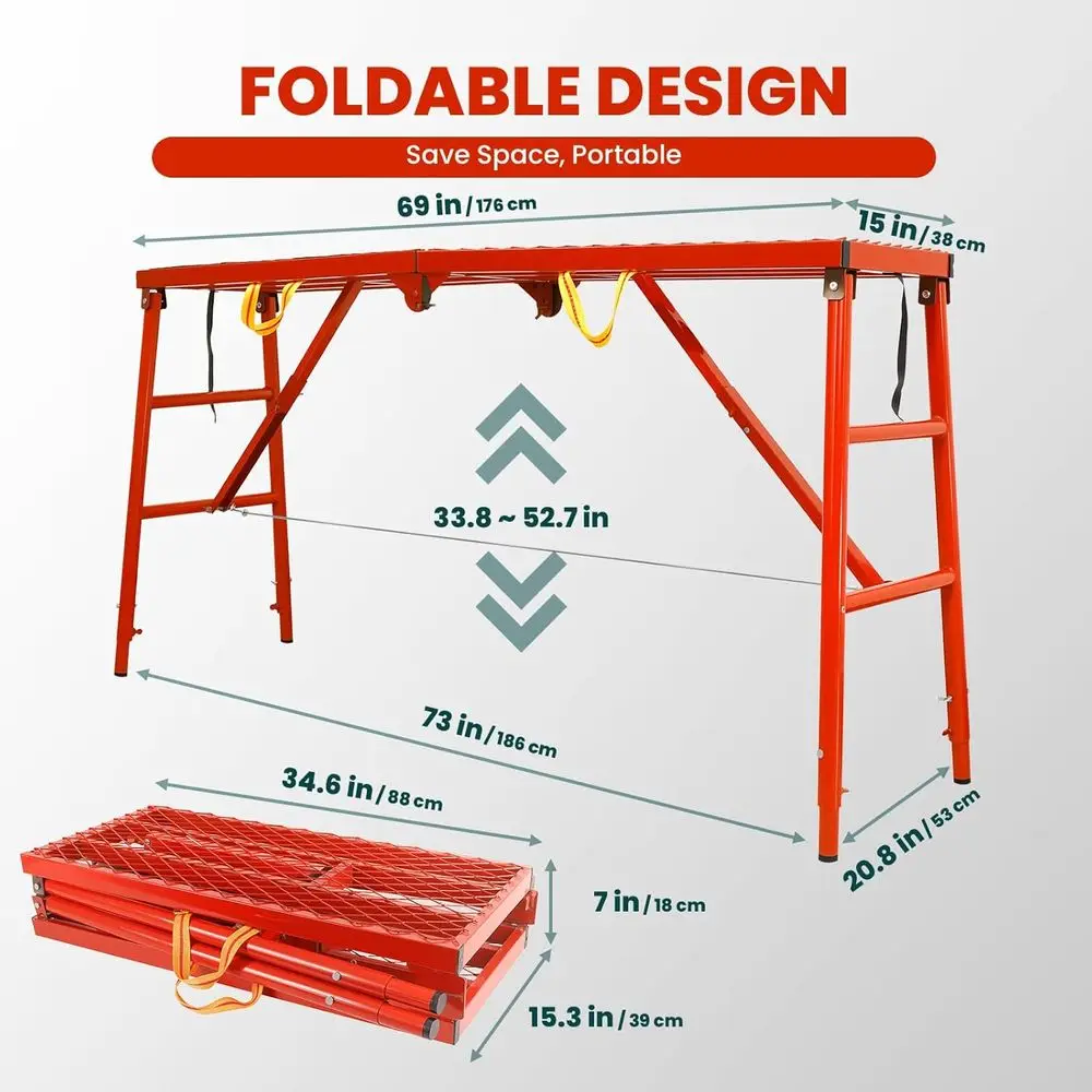 Adjustable Work Platform Ladder, 1000 LBS Heavy Duty Folding Scaffold for Stairs, Professional Painting & Construction, Tool-Fre