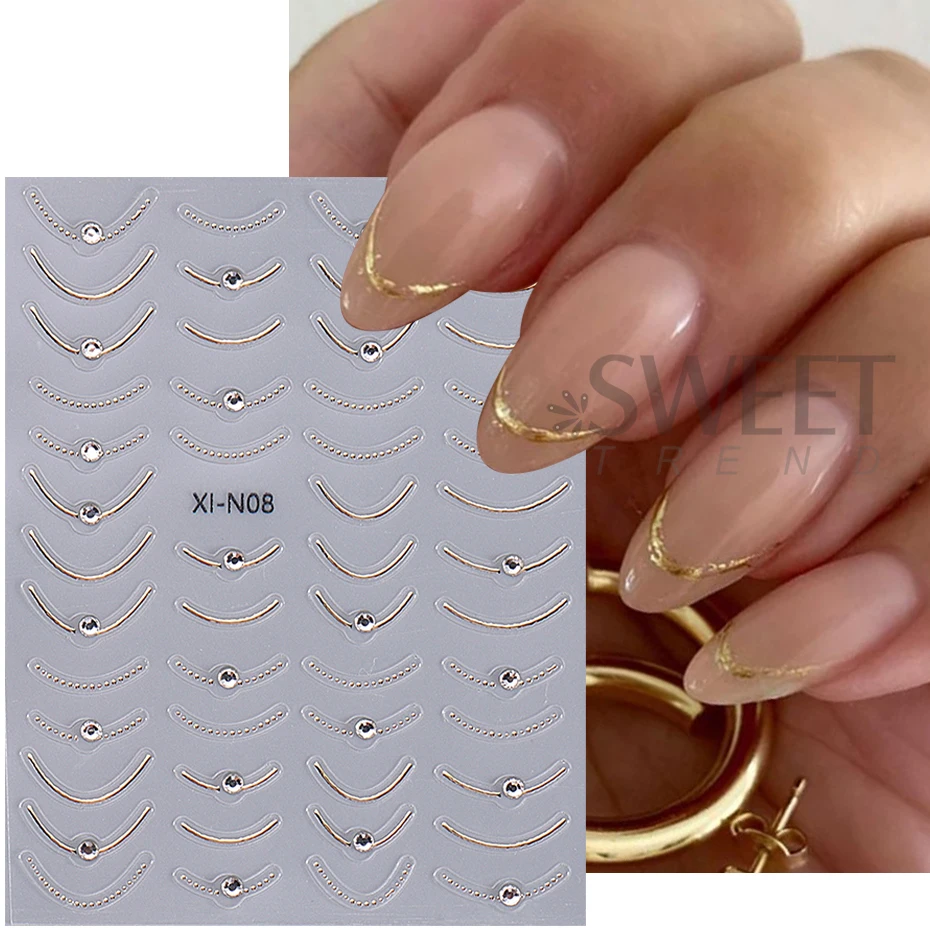 3D Rhinestones Gold Silver French Nail Art Stickers Retro Wave Simple Line Design Adhesive Slider Decals DIY Manicure Decoration