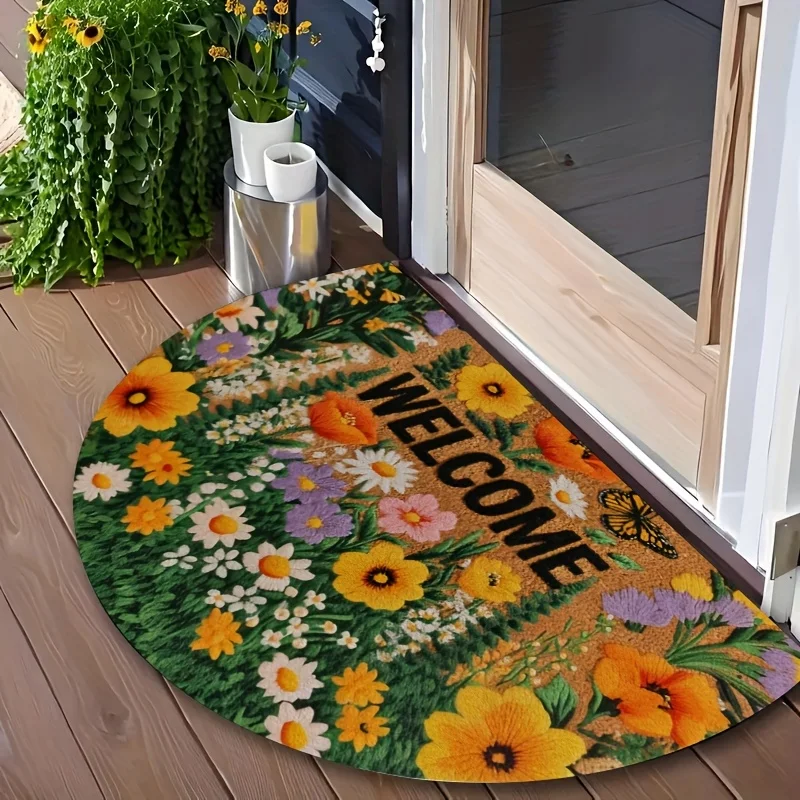 Mixed Wildflower Butterfly Welcome Letter Semicircular Doormat Entry Casual Rug Anti Slip Floor Mat For Cottage Style Outdoor