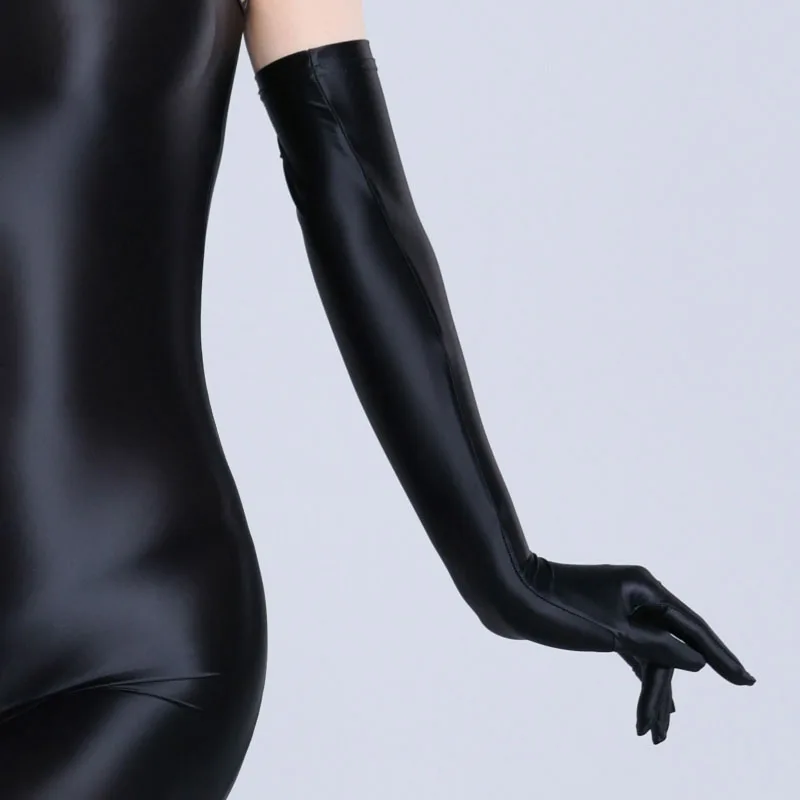 Sexy Black Elastic Oily Shiny Silk Smooth Bridal Gloves Women Summer Sunscreen Glove Pole Dancing Personality Stage Performance