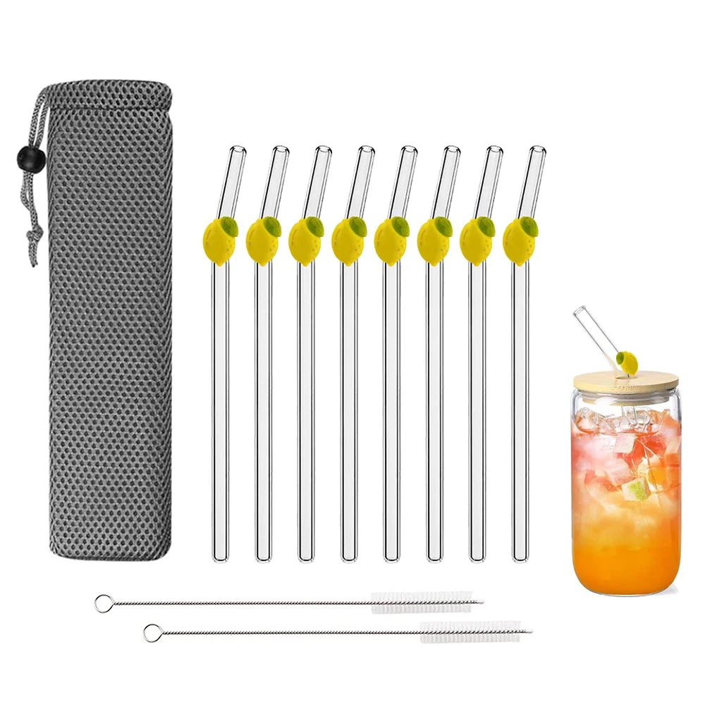 9/11/15Pcs Lemon Shaped Glass Straw Reusable Drinking Straws Straw Brush and Bag For Festival Party Wedding Cocktail Bar Beachs
