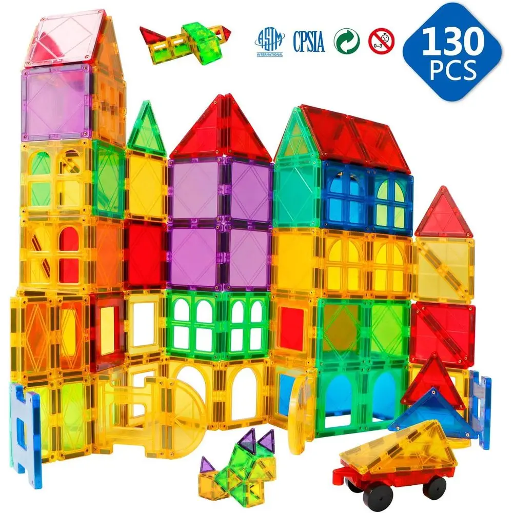 130ピース 磁気ブロックセット 4歳から10歳向け、男の子と女の子のための教育用磁気タイルおもちゃ