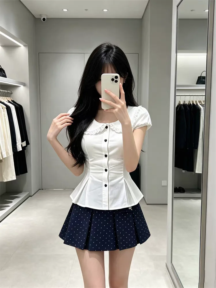 Sweet Floral Lace Collar Bubble Sleeve Short Sleeve Shirt Women's Slim Fit Summer New Style Polka Dot Skirt Fashion Set