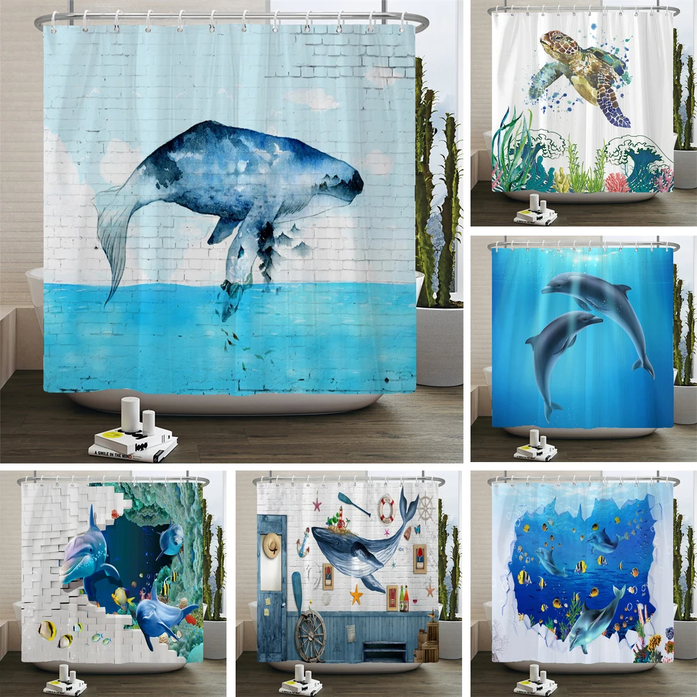

Cartoon Sea Animals Dolphin Octopus Turtle Print Shower Curtains Bathroom Curtain Frabic Waterproof Polyester Bath Curtain Hooks