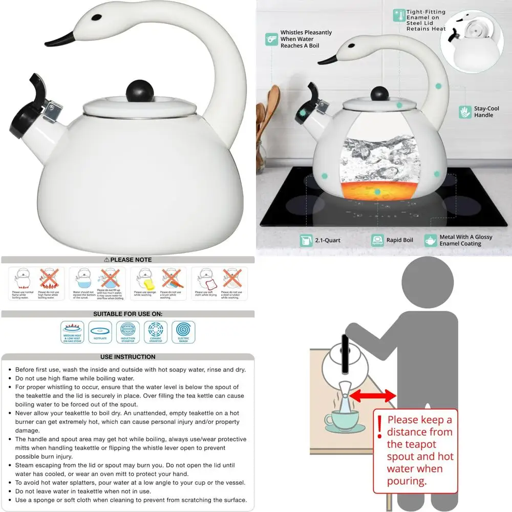 

Элегантный чайник из белой эмалированной стали со свистком и лебединым дизайном для использования на плите, идеально подходит для домашней кухни и любителей чая