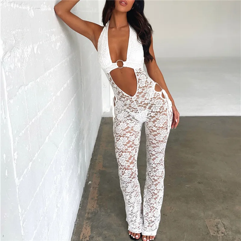 hirigin Women’s Hollow Lace Tight Jumpsuit Hanging Neck Sleeveless Showing Navel Long Pants Solid Color Bodysuit for Summer