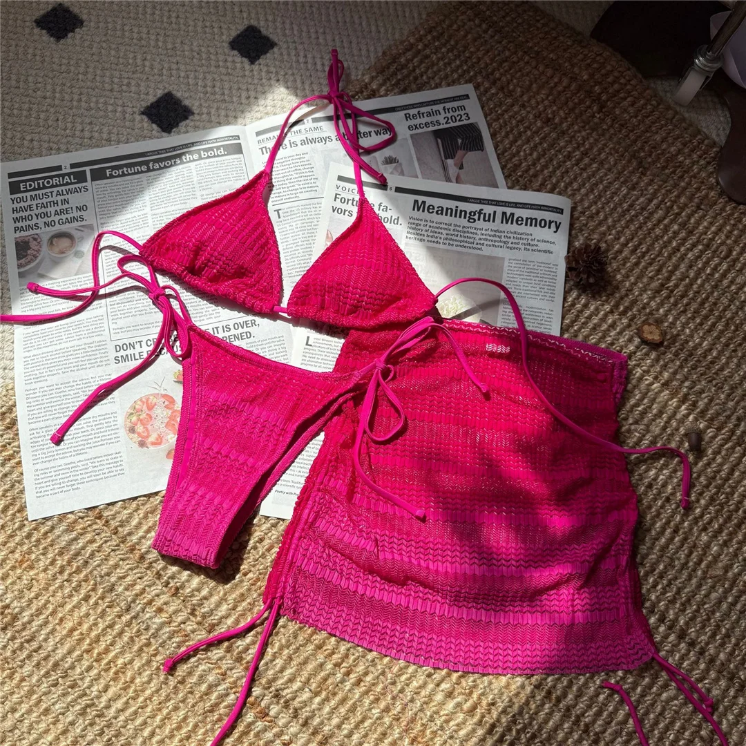 Rosa 3-teiliger Bikini mit Rock, Farbverlauf, Damen-Badebekleidung, Badeanzug, dreiteiliges Bikini-Set, gepolsterter Badeanzug, Badebekleidung, Schwimmbekleidung V6696 – Detail 11